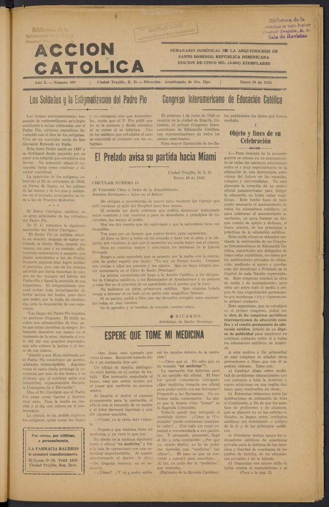 Miniatura de Acción Católica (Ciudad Trujillo) del 28 de enero de 1945