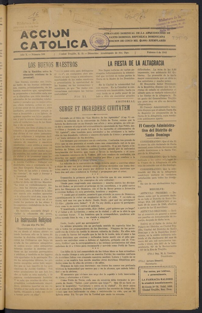 Miniatura de Acción Católica (Ciudad Trujillo) del 4 de febrero de 1945