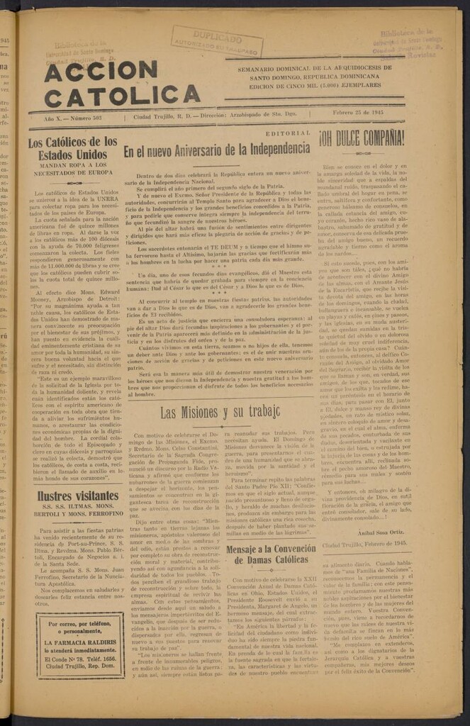 Miniatura de Acción Católica (Ciudad Trujillo) del 25 de febrero de 1945