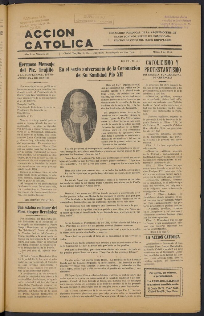 Miniatura de Acción Católica (Ciudad Trujillo) del 4 de marzo de 1945