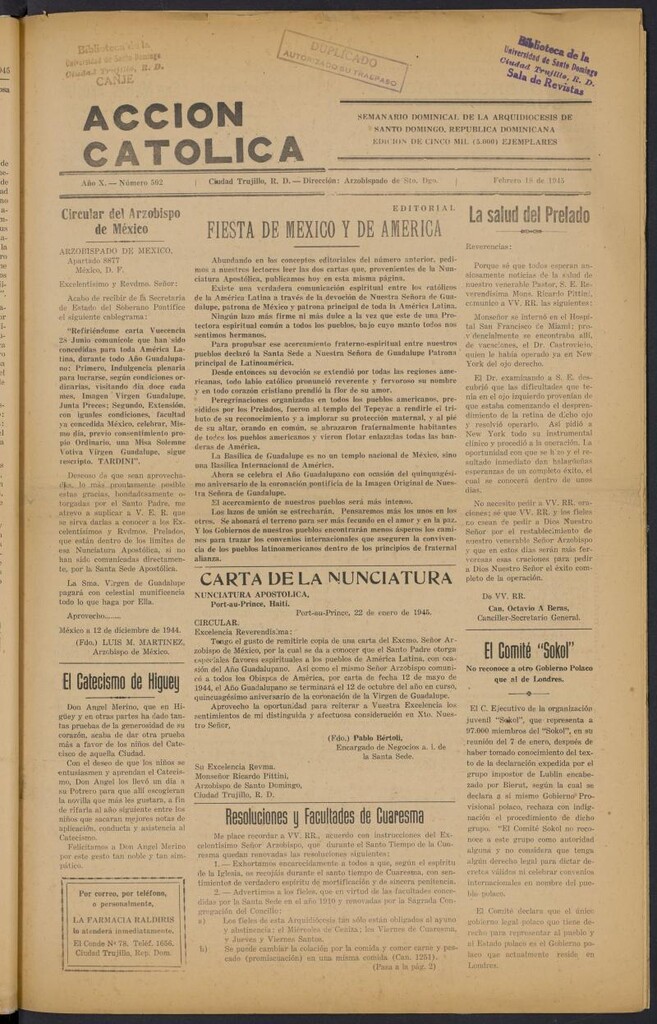 Miniatura de Acción Católica (Ciudad Trujillo) del 18 de febrero de 1945