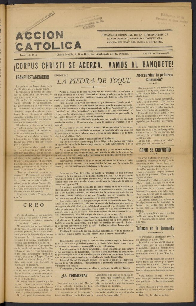 Miniatura de Acción Católica (Ciudad Trujillo) del 1 de Junio de 1947