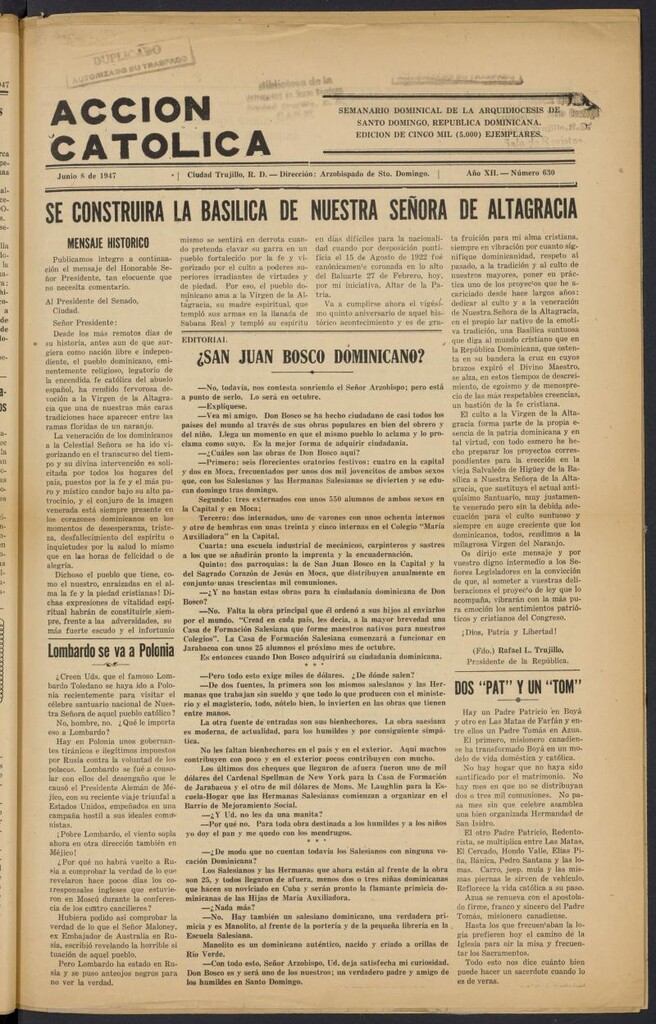 Miniatura de Acción Católica (Ciudad Trujillo) del 8 de Junio de 1947