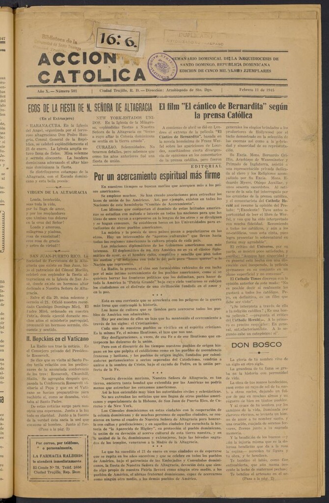 Miniatura de Acción Católica (Ciudad Trujillo) del 11 de febrero de 1945