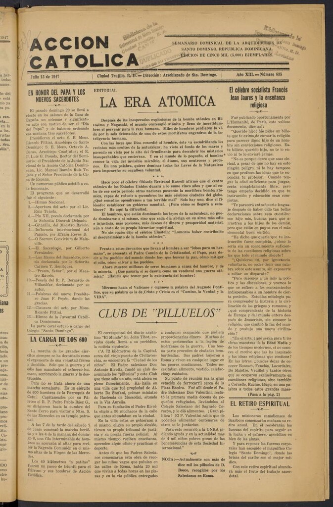 Miniatura de Acción Católica (Ciudad Trujillo) del 13 de julio de 1947
