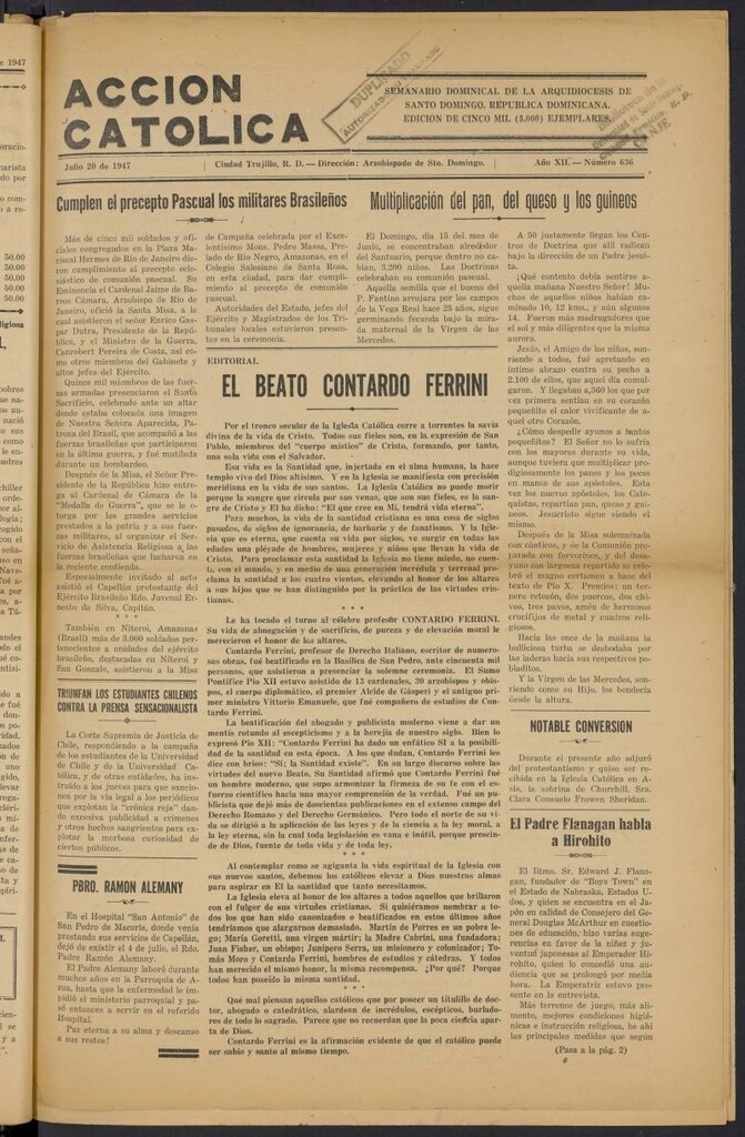 Miniatura de Acción Católica (Ciudad Trujillo) del 20 de julio de 1947