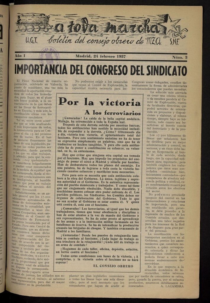 Miniatura de A toda marcha: boletín del Consejo Obrero de M.Z.A. del 24 de febrero de 1937