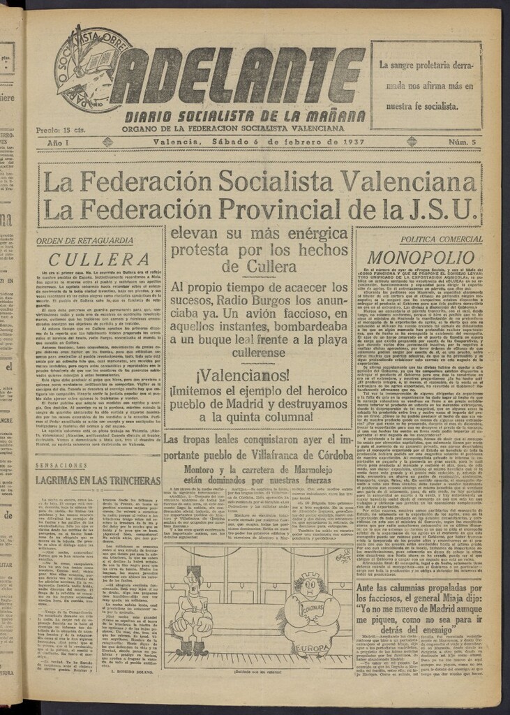 Miniatura de Adelante: diario socialista de la mañana del 6 de febrero de 1937