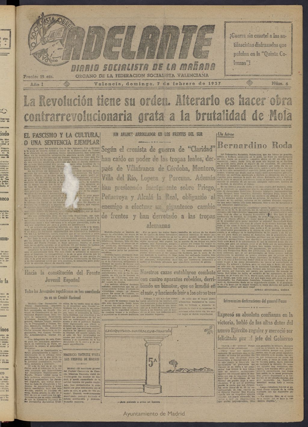Miniatura de Adelante: diario socialista de la mañana del 7 de febrero de 1937