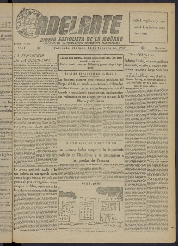 Miniatura de Adelante: diario socialista de la mañana del 12 de febrero de 1937