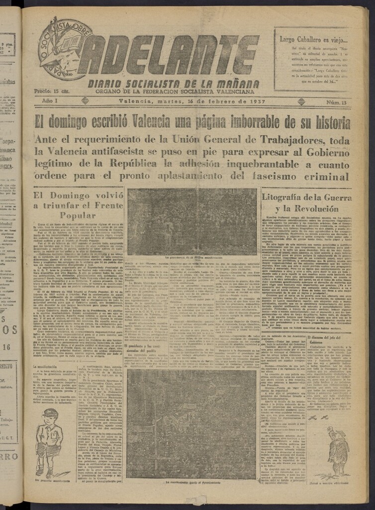 Miniatura de Adelante: diario socialista de la mañana del 16 de febrero de 1937
