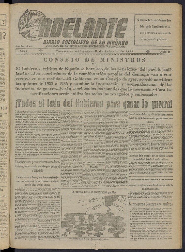 Miniatura de Adelante: diario socialista de la mañana del 17 de febrero de 1937