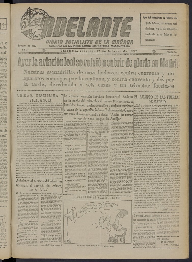 Miniatura de Adelante: diario socialista de la mañana del 19 de febrero de 1937