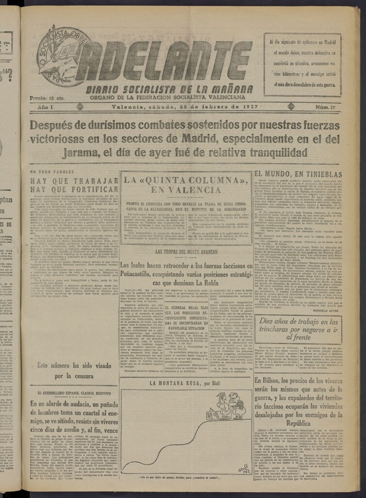 Miniatura de Adelante: diario socialista de la mañana del 20 de febrero de 1937