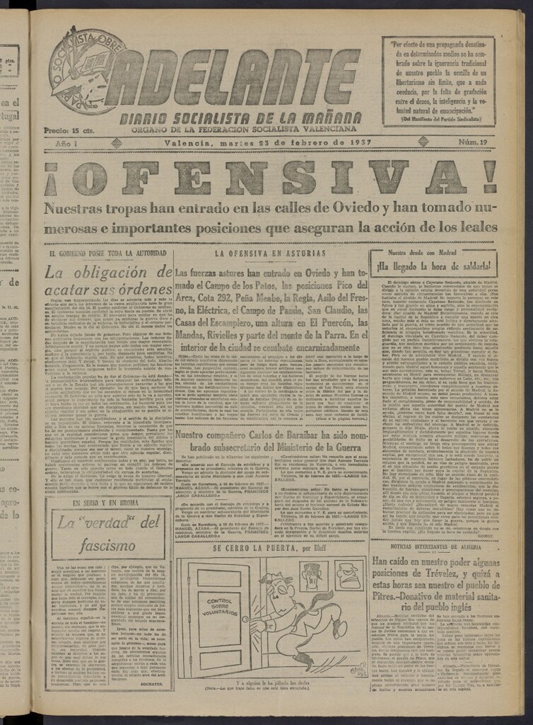 Miniatura de Adelante: diario socialista de la mañana del 23 de febrero de 1937