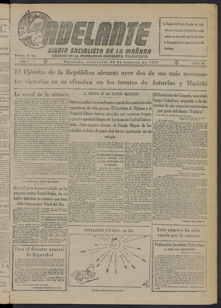 Miniatura de Adelante: diario socialista de la mañana del 24 de febrero de 1937