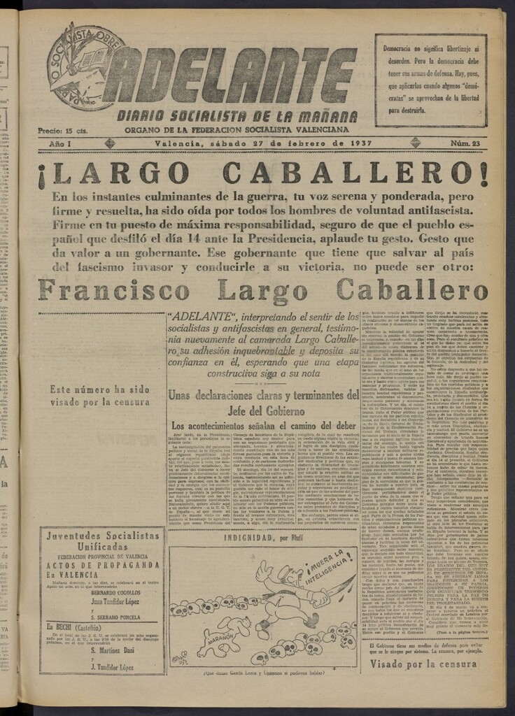 Miniatura de Adelante: diario socialista de la mañana del 27 de febrero de 1937