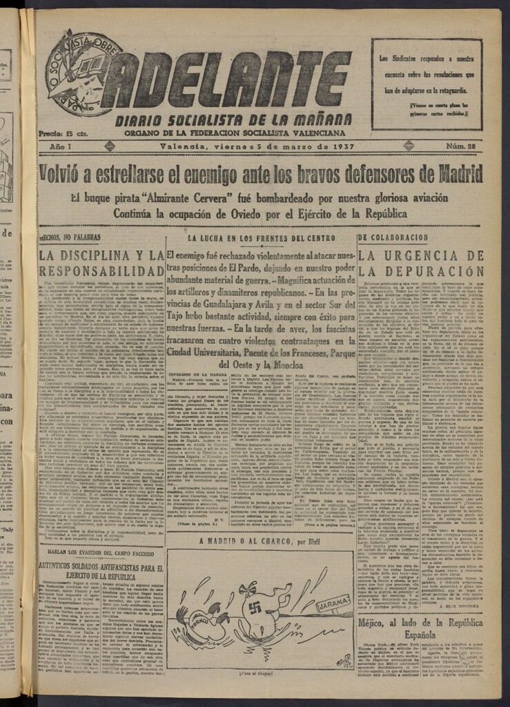 Miniatura de Adelante: diario socialista de la mañana del 5 de marzo de 1937