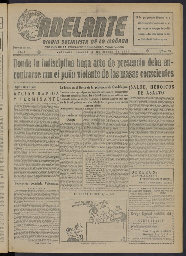 Miniatura de Adelante: diario socialista de la mañana del 11 de marzo de 1937