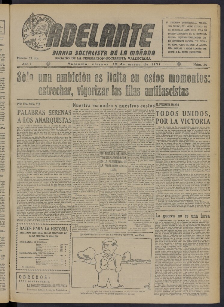 Miniatura de Adelante: diario socialista de la mañana del 12 de marzo de 1937