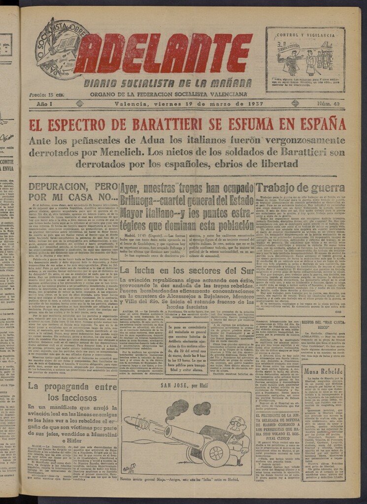 Miniatura de Adelante: diario socialista de la mañana del 19 de marzo de 1937