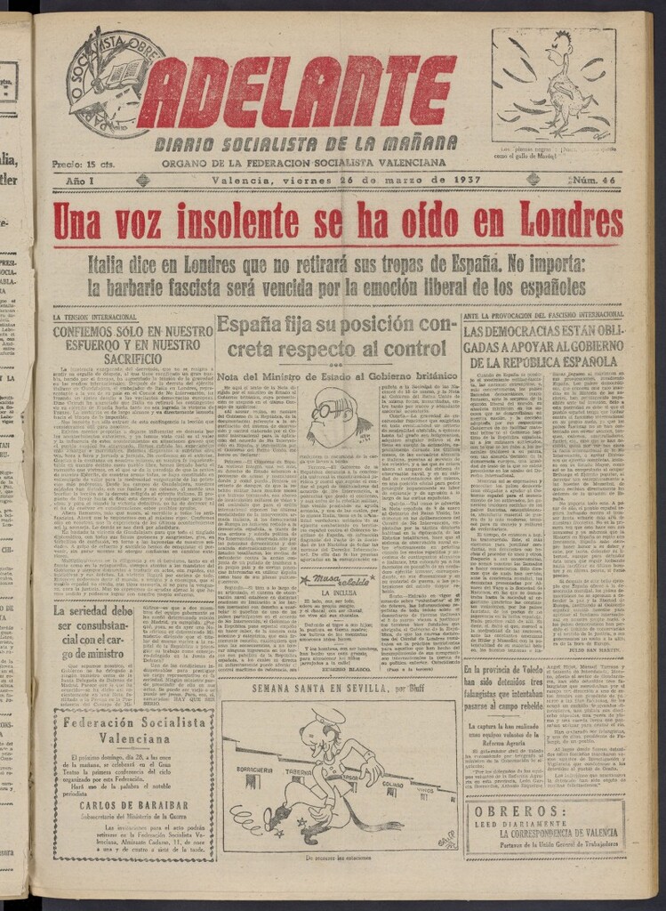 Miniatura de Adelante: diario socialista de la mañana del 26 de marzo de 1937