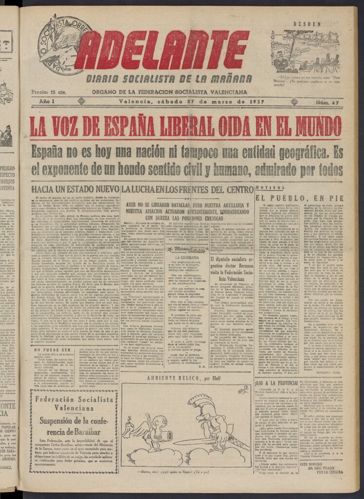 Miniatura de Adelante: diario socialista de la mañana del 27 de marzo de 1937