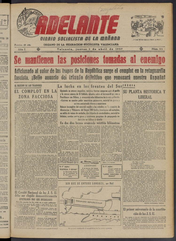 Miniatura de Adelante: diario socialista de la mañana del 1 de abril de 1937