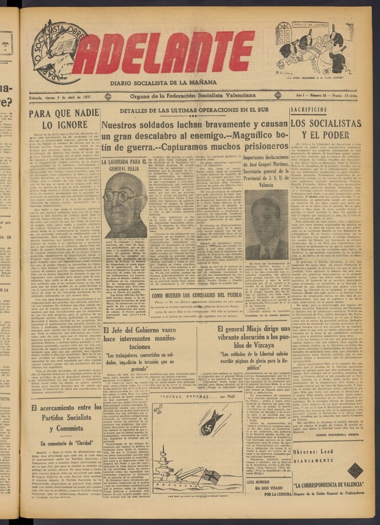 Miniatura de Adelante: diario socialista de la mañana del 9 de abril de 1937