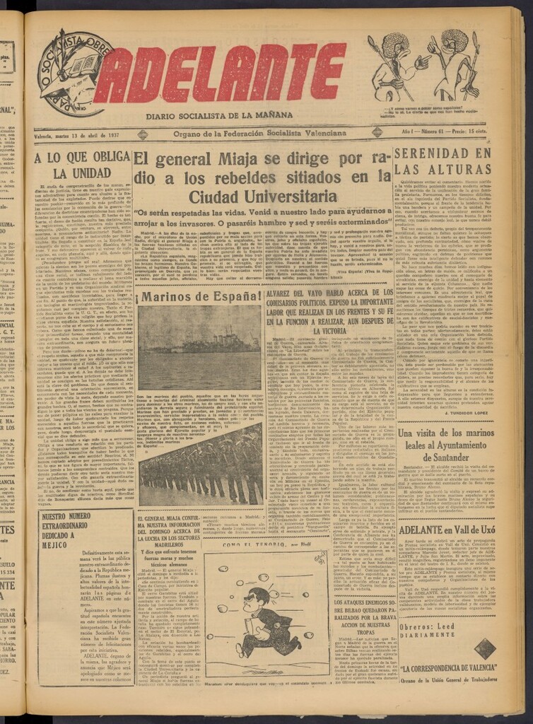 Miniatura de Adelante: diario socialista de la mañana del 13 de abril de 1937