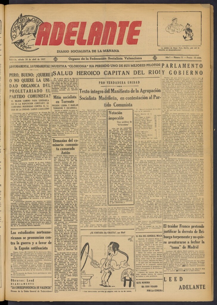 Miniatura de Adelante: diario socialista de la mañana del 24 de abril de 1937