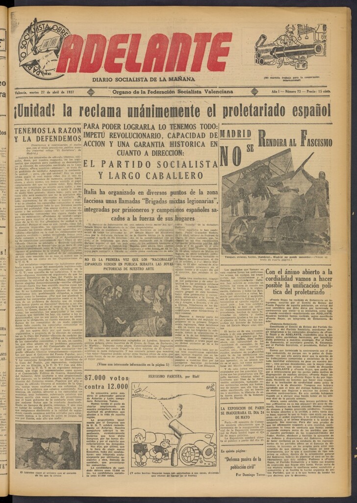 Miniatura de Adelante: diario socialista de la mañana del 27 de abril de 1937