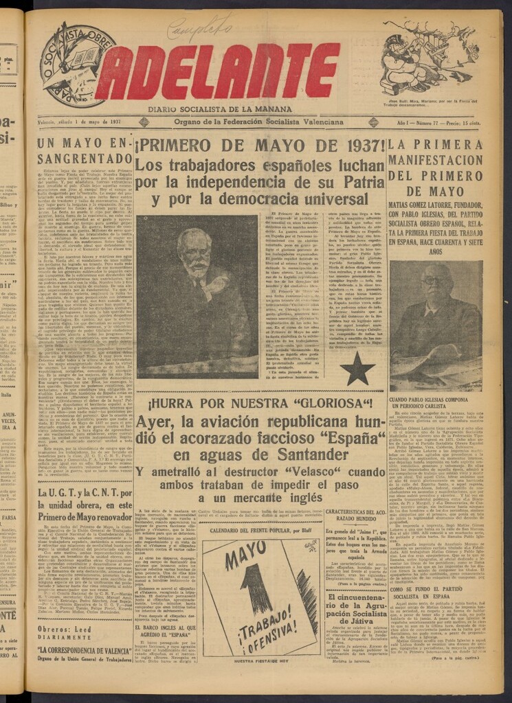 Miniatura de Adelante: diario socialista de la mañana del 1 de mayo de 1937