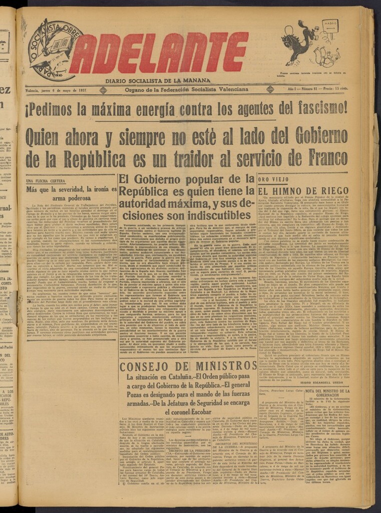 Miniatura de Adelante: diario socialista de la mañana del 6 de mayo de 1937