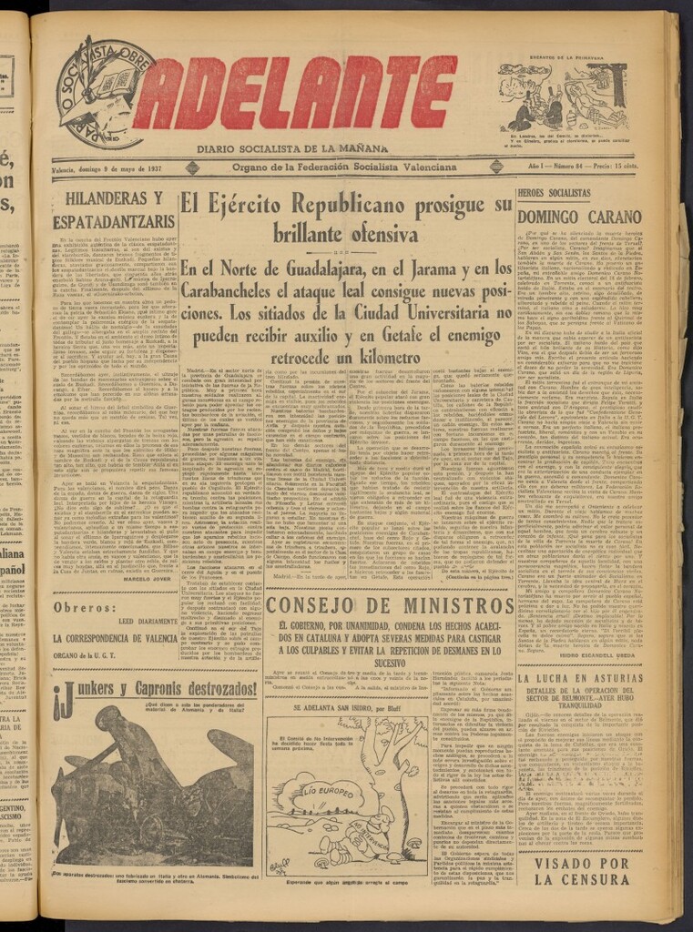 Miniatura de Adelante: diario socialista de la mañana del 9 de mayo de 1937
