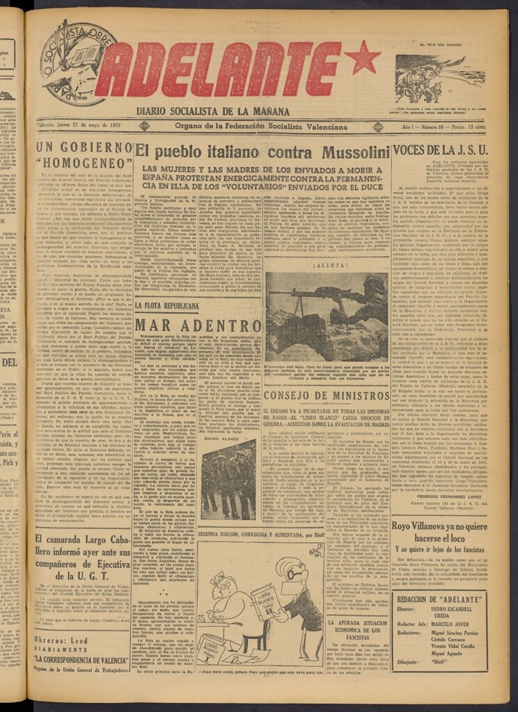 Miniatura de Adelante: diario socialista de la mañana del 27 de mayo de 1937