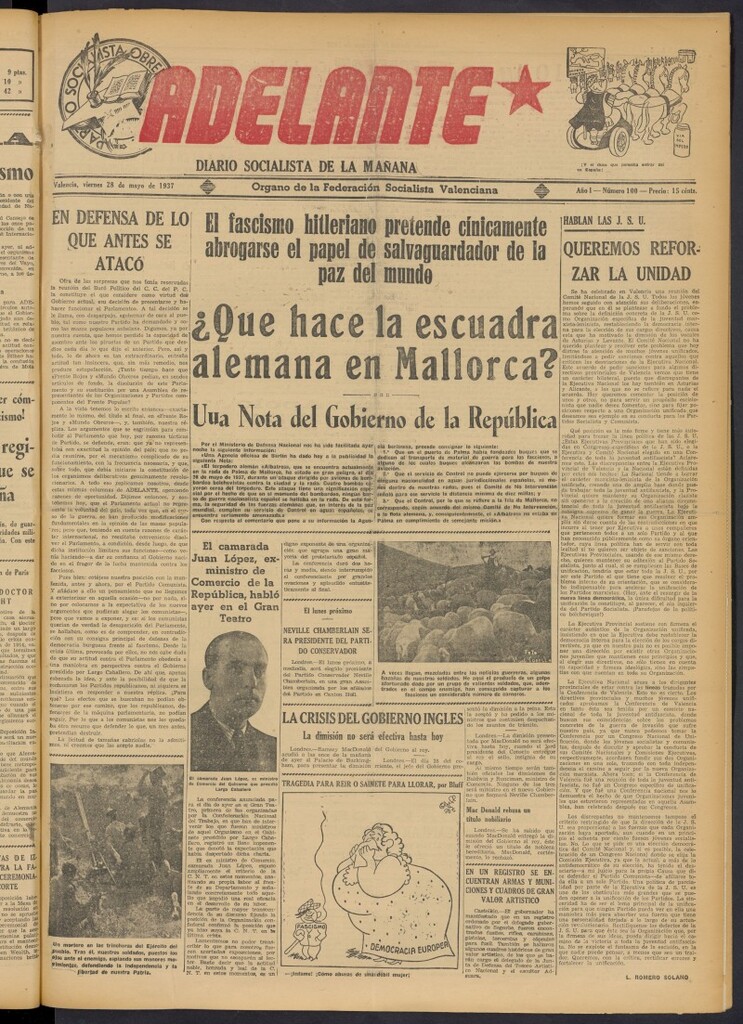 Miniatura de Adelante: diario socialista de la mañana del 28 de mayo de 1937