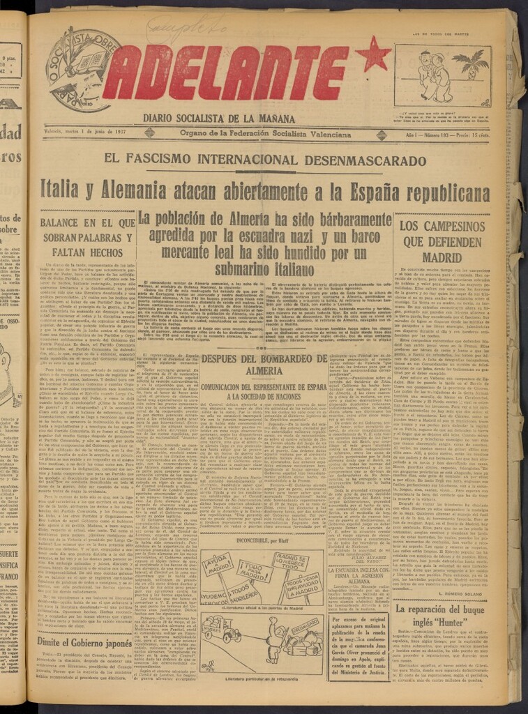 Miniatura de Adelante: diario socialista de la mañana del 1 de junio de 1937