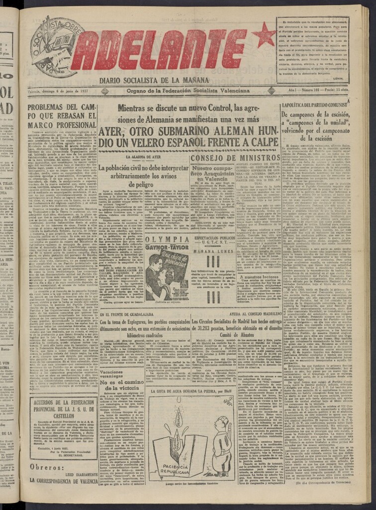 Miniatura de Adelante: diario socialista de la mañana del 6 de junio de 1937