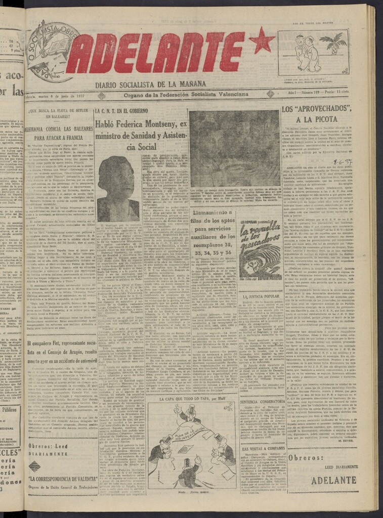 Miniatura de Adelante: diario socialista de la mañana del 8 de junio de 1937