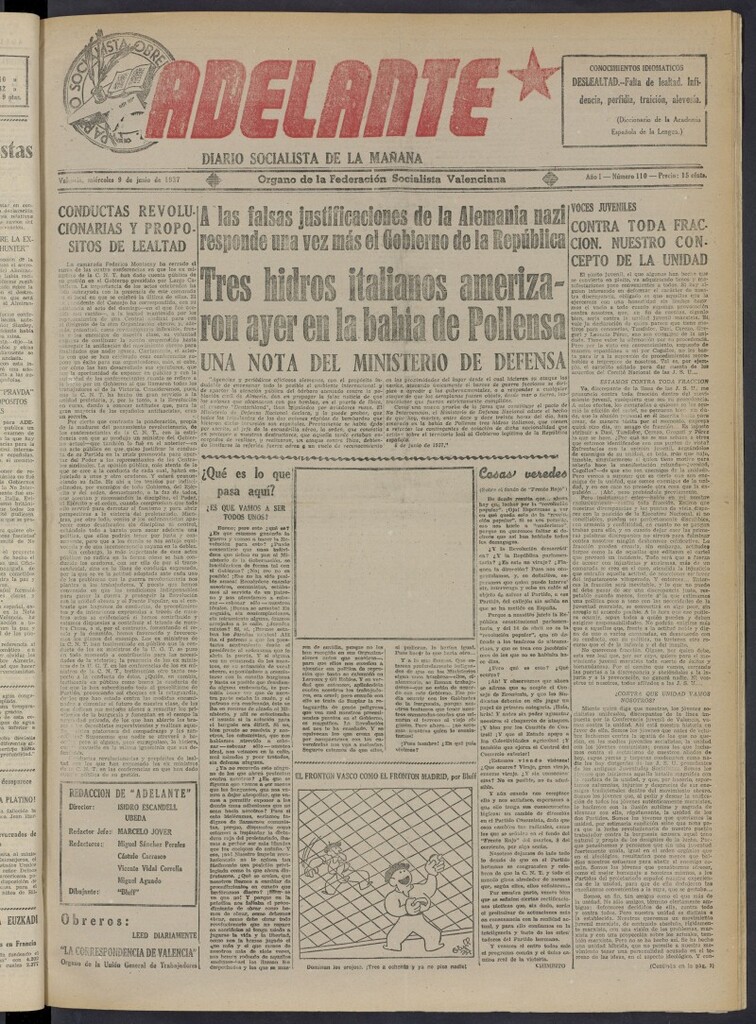 Miniatura de Adelante: diario socialista de la mañana del 9 de junio de 1937