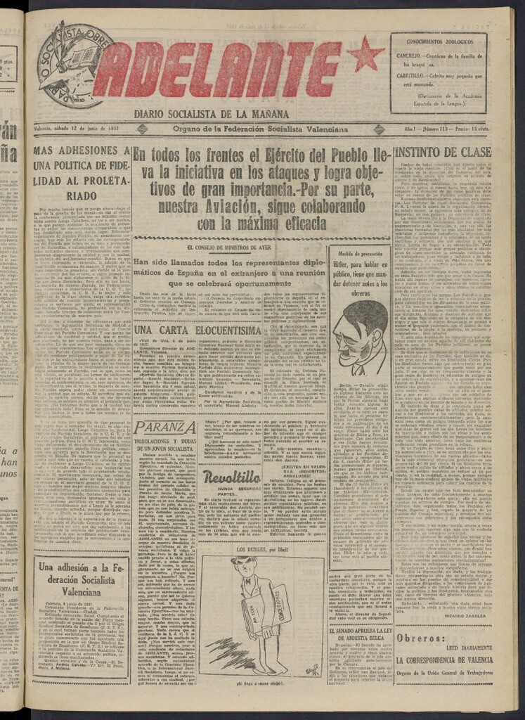 Miniatura de Adelante: diario socialista de la mañana del 12 de junio de 1937