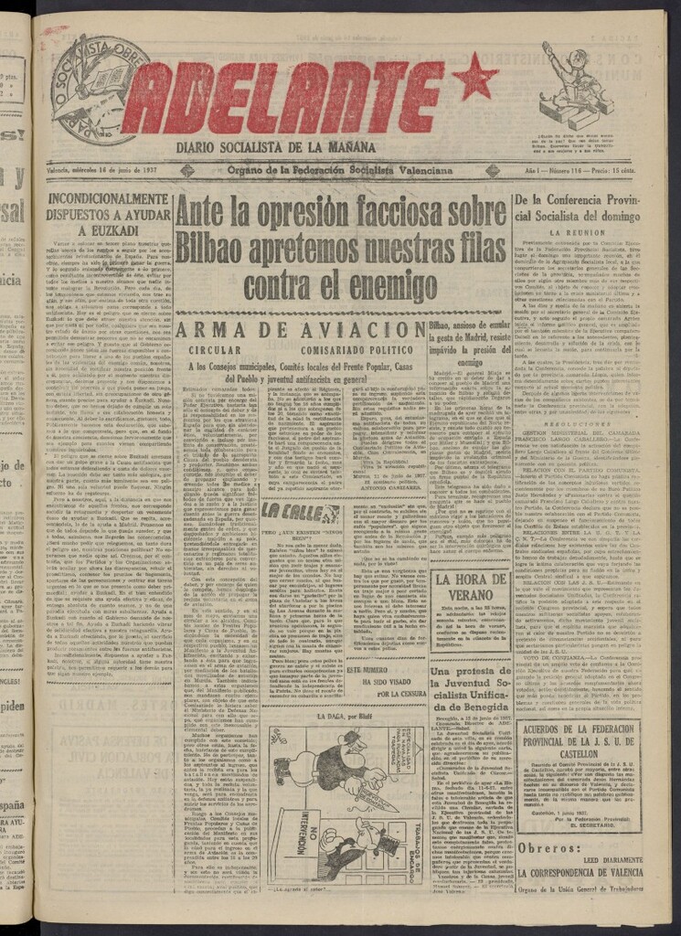 Miniatura de Adelante: diario socialista de la mañana del 16 de junio de 1937
