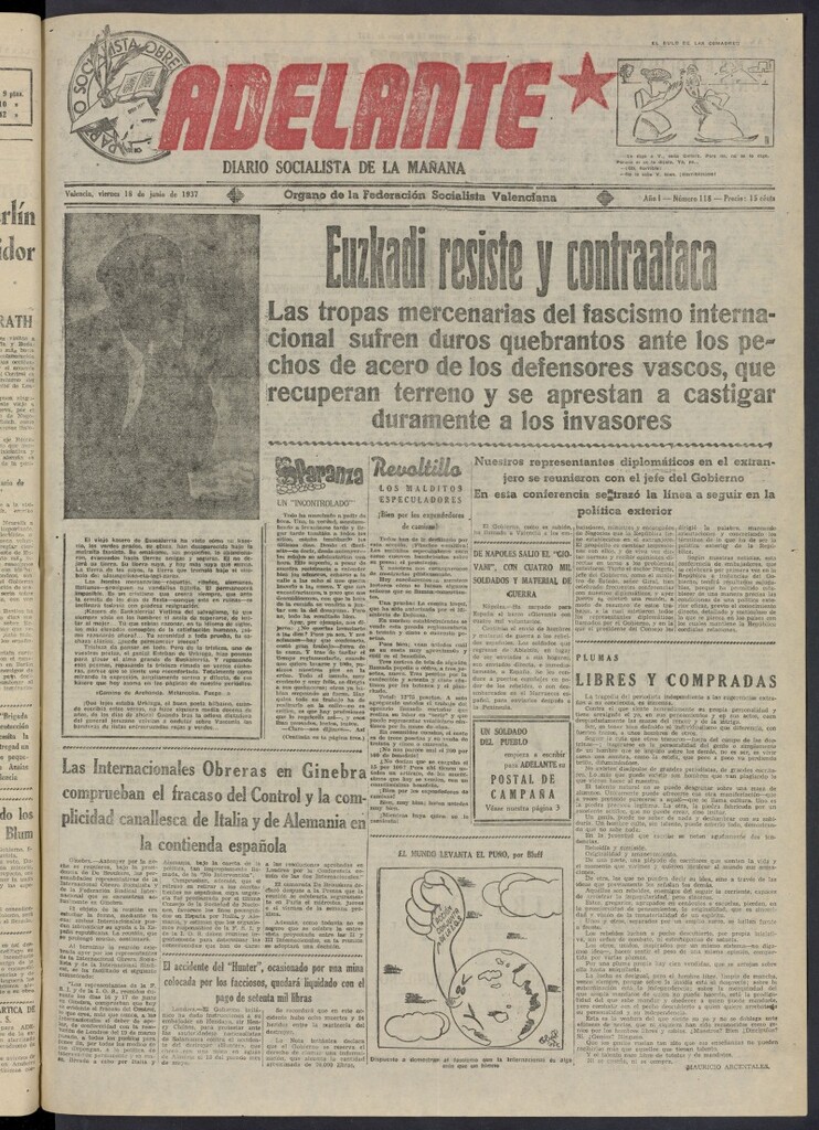 Miniatura de Adelante: diario socialista de la mañana del 18 de junio de 1937