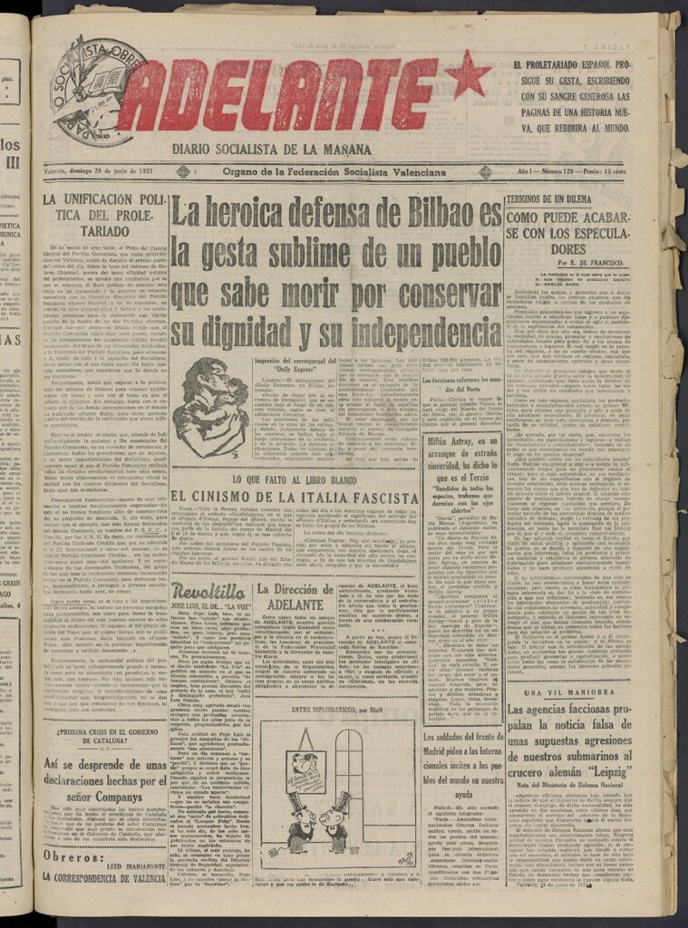 Miniatura de Adelante: diario socialista de la mañana del 20 de junio de 1937