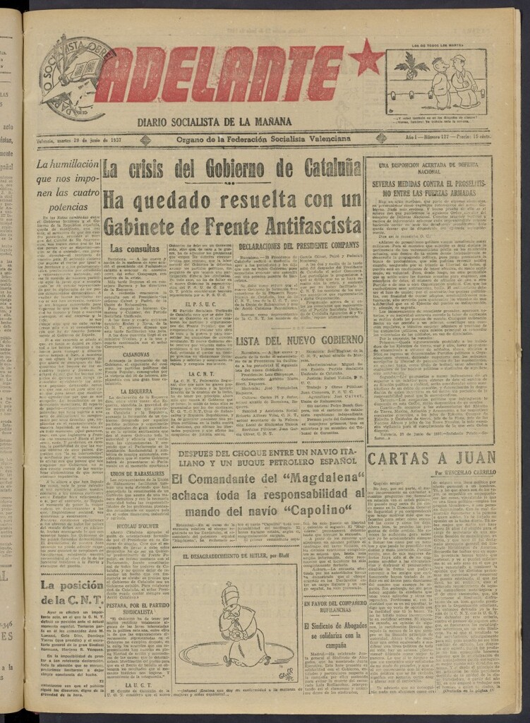 Miniatura de Adelante: diario socialista de la mañana del 29 de junio de 1937