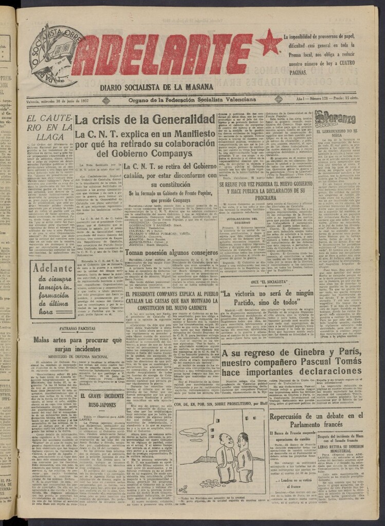 Miniatura de Adelante: diario socialista de la mañana del 30 de junio de 1937