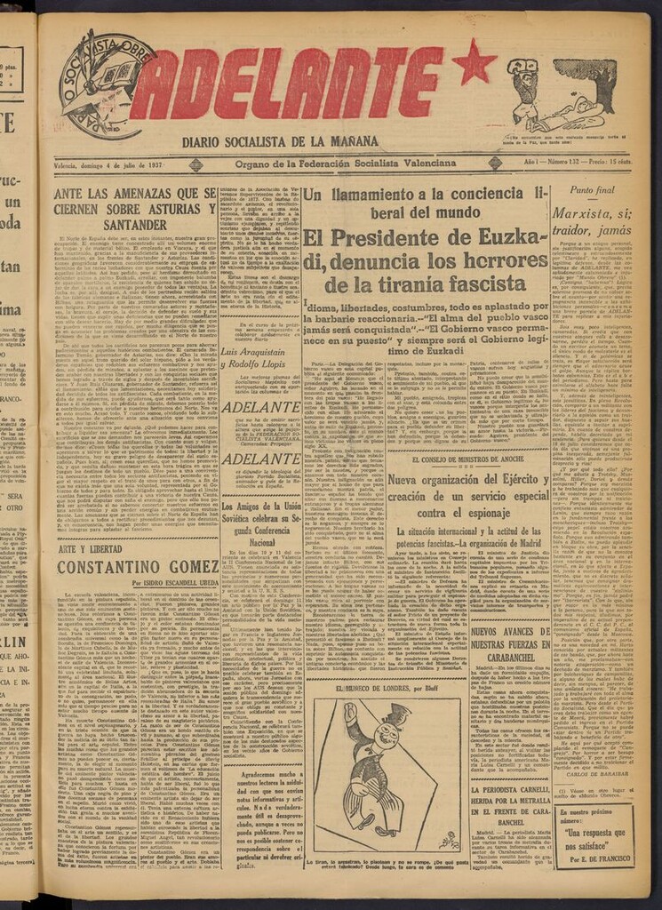Miniatura de Adelante: diario socialista de la mañana del 4 de julio de 1937