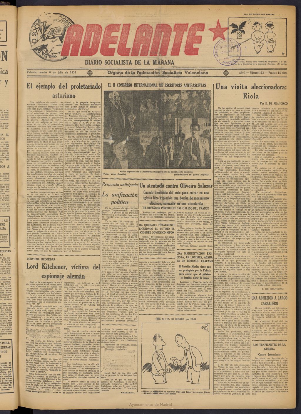 Miniatura de Adelante: diario socialista de la mañana del 6 de julio de 1937
