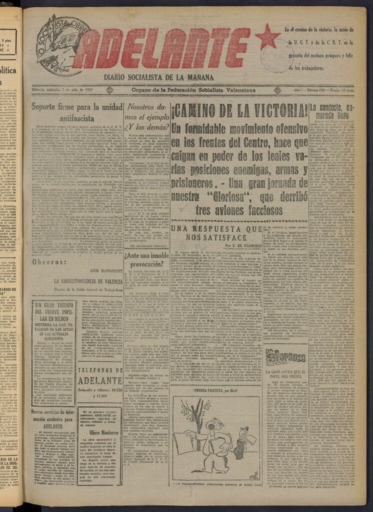 Miniatura de Adelante: diario socialista de la mañana del 7 de julio de 1937